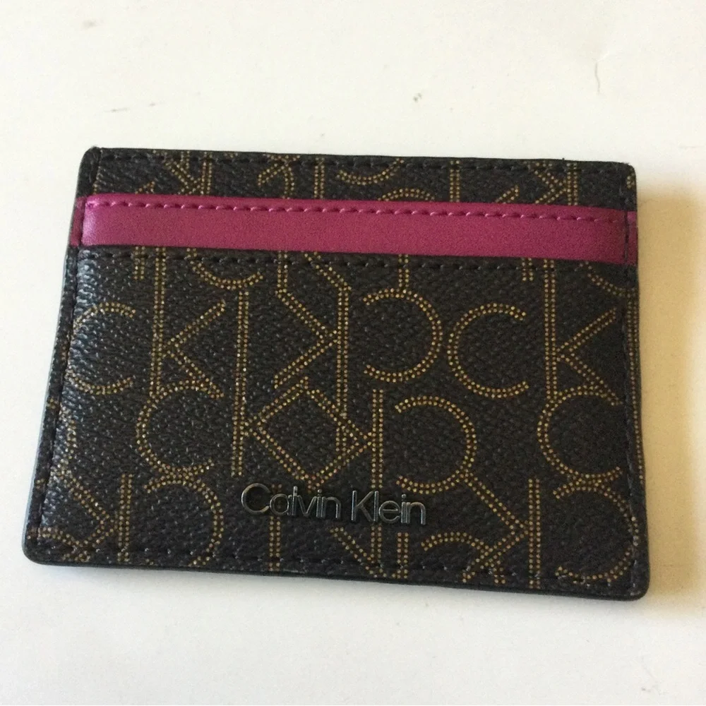 CALVIN KLEIN PIN DOT LOGO CARD CASE BROWN AND SALSA NWOT